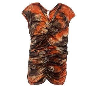 Ozone Women’s Large Orange Brown Tie-Dye, Glitter Sheer Ruched V-neck Mini Dress